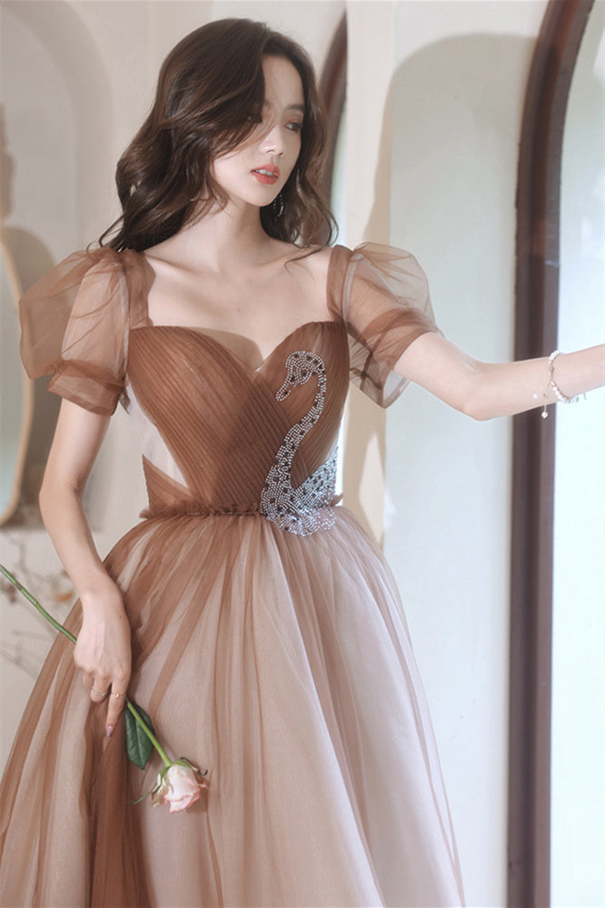 Short Sleeves Brown Tulle A-line Long Formal Dress