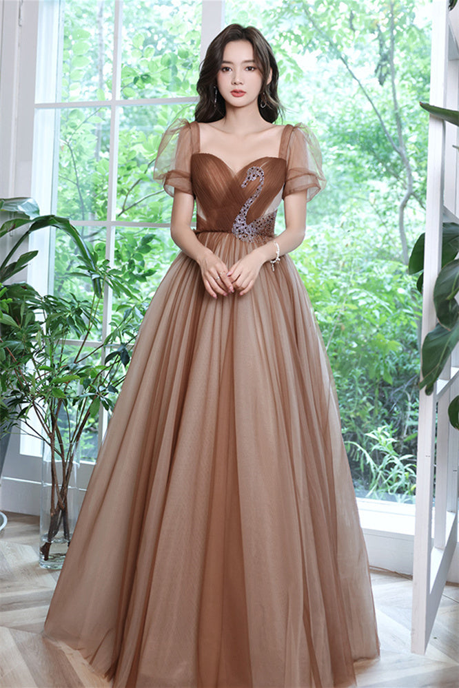 Short Sleeves Brown Tulle A-line Long Formal Dress