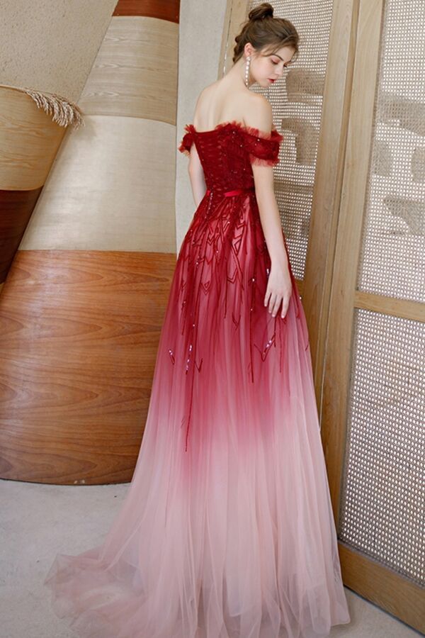 Off the Shoulder Ombre Red Long Evening Dress