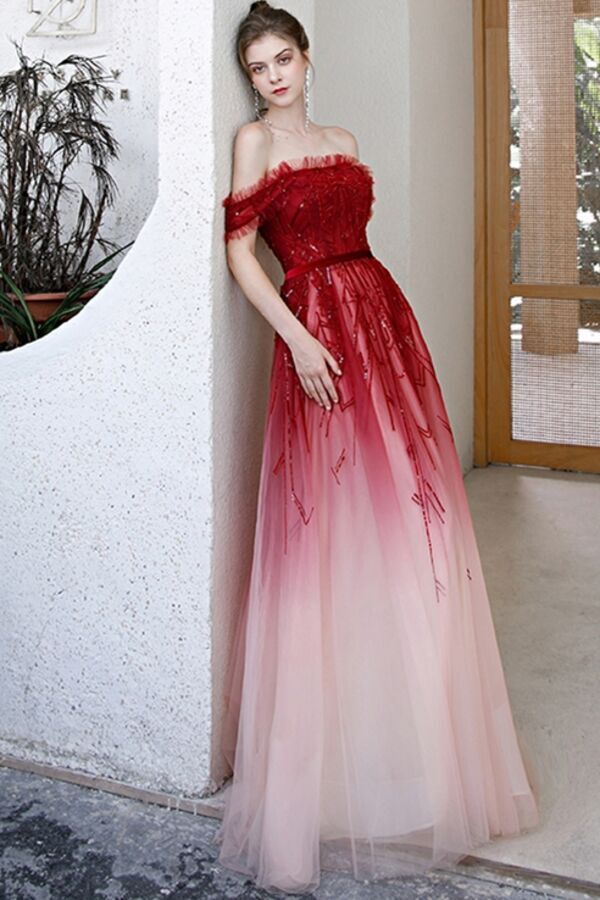Off the Shoulder Ombre Red Long Evening Dress