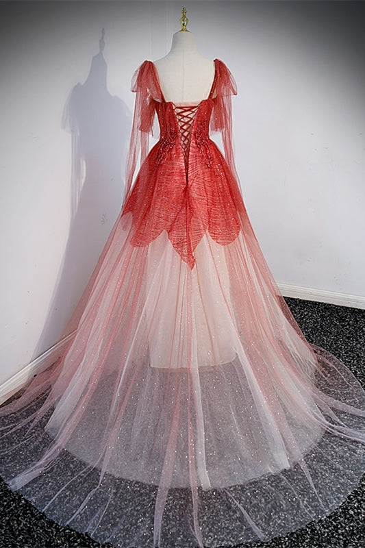 Princess Red Ombre A-line Long Formal Dress with Straps