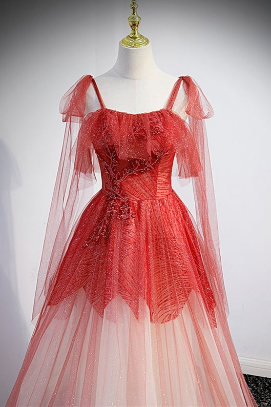 Princess Red Ombre A-line Long Formal Dress with Straps
