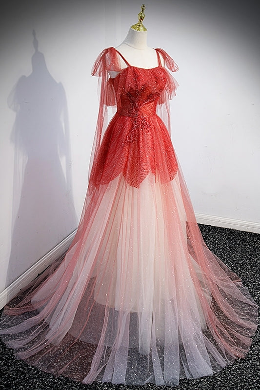 Princess Red Ombre A-line Long Formal Dress with Straps
