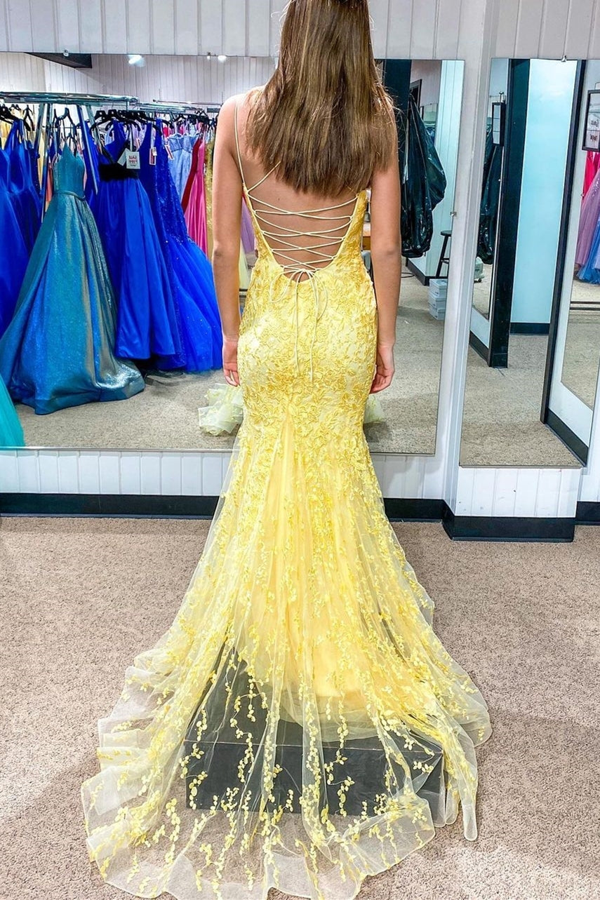 Mermaid Yellow Lace Appliques Straps Long Prom Dress