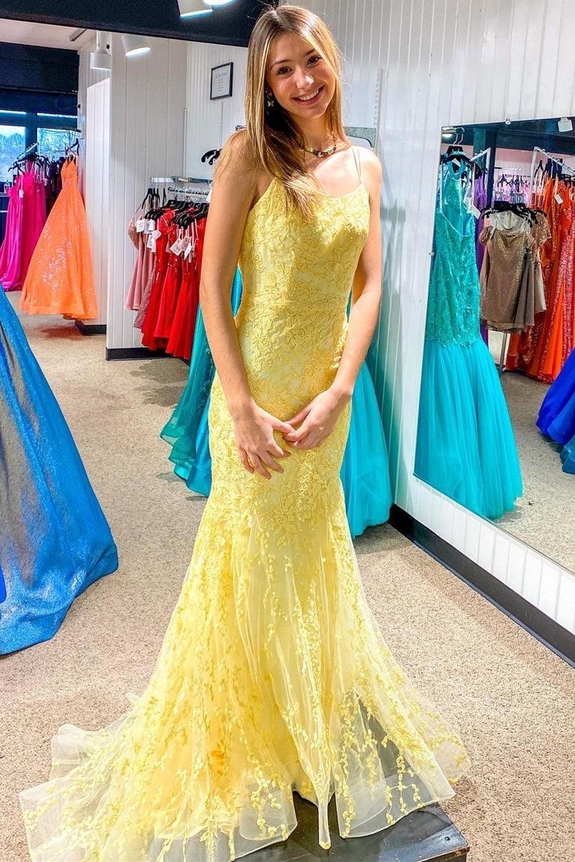 Mermaid Yellow Lace Appliques Straps Long Prom Dress