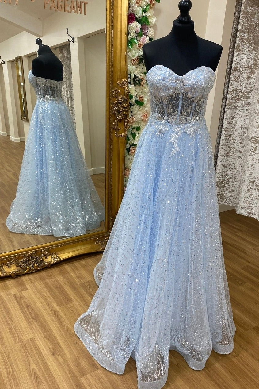 Sweetheart Blue Lace Appliques Long Prom Dress