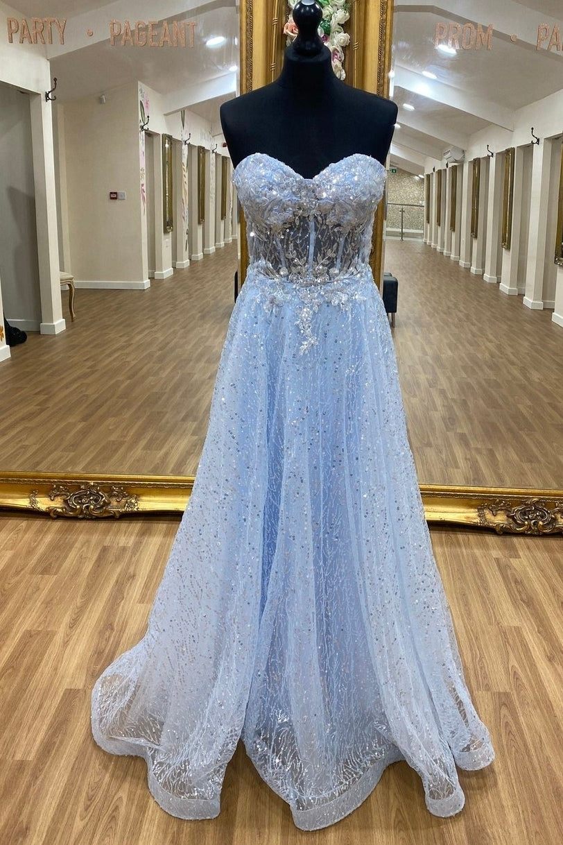 Sweetheart Blue Lace Appliques Long Prom Dress