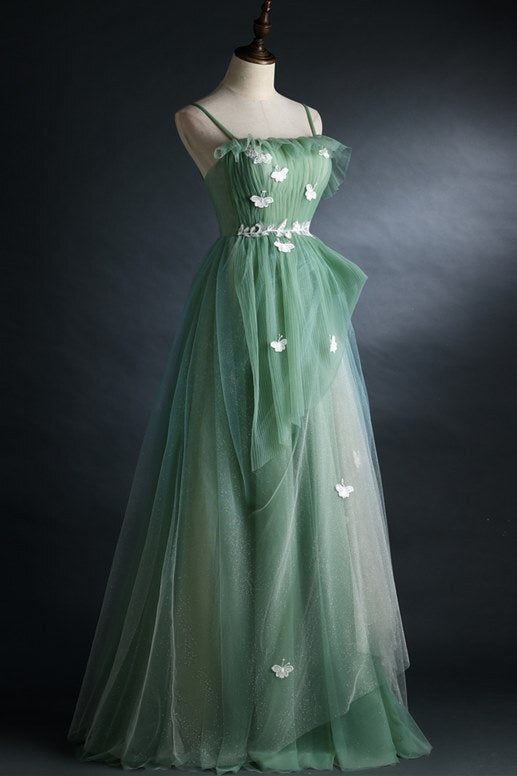 Spaghetti Straps Green Tulle Long Formal Dress 