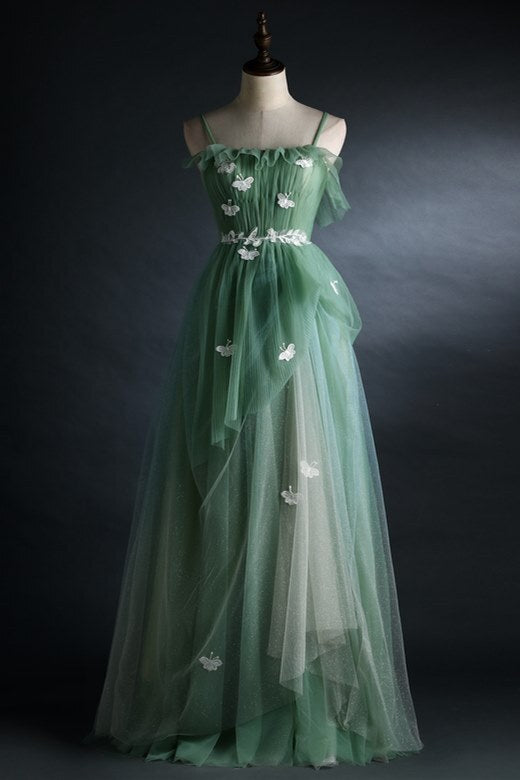 Spaghetti Straps Green Tulle Long Formal Dress 