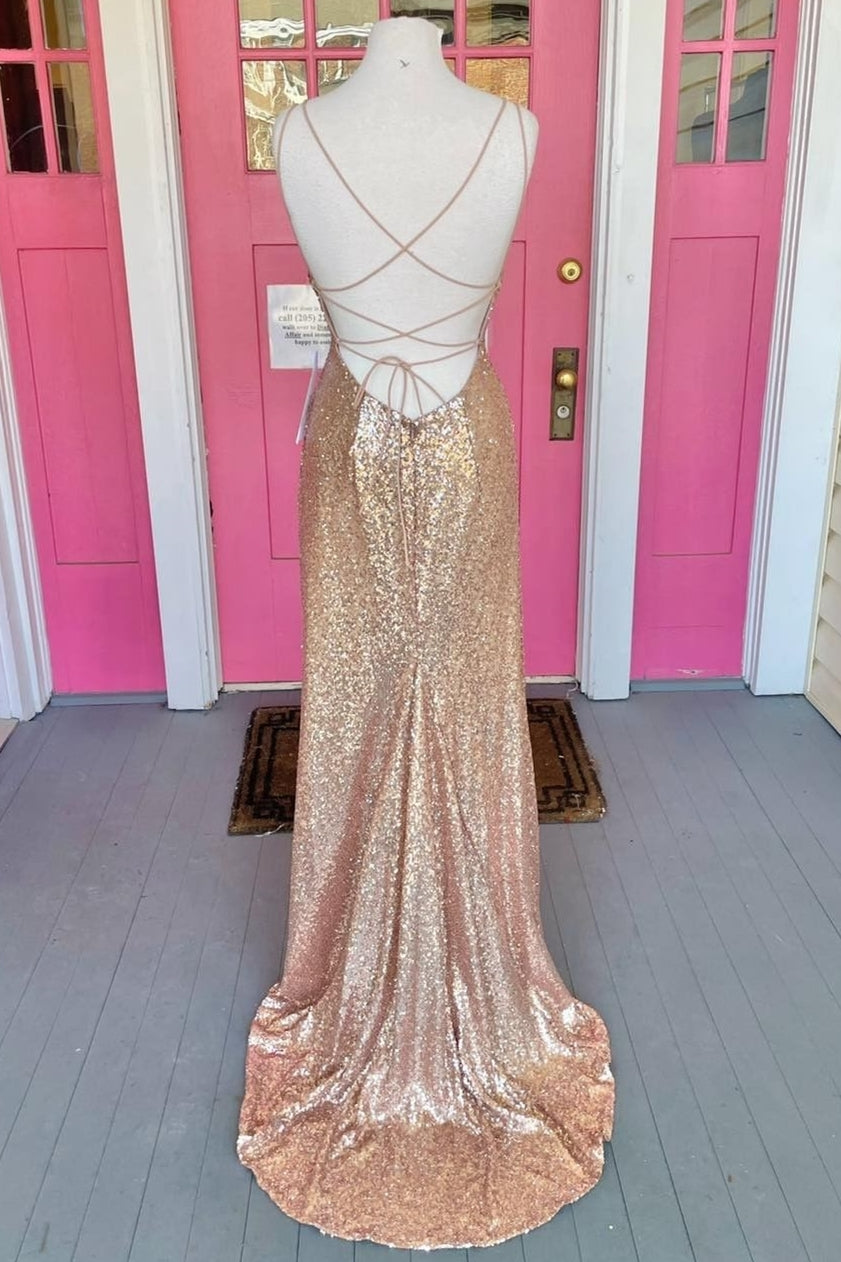 Champagne Sequin Mermaid Long Formal Dress with Slit