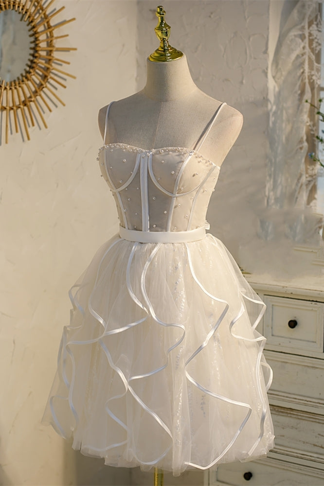 Spaghetti Straps Cream A-line Pearls Short Party Dress 