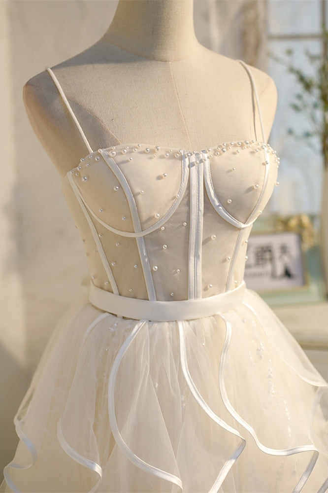 Spaghetti Straps Cream A-line Pearls Short Party Dress 