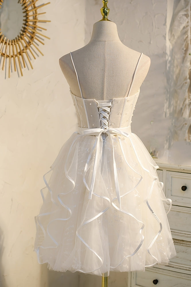 Spaghetti Straps Cream A-line Pearls Short Party Dress 