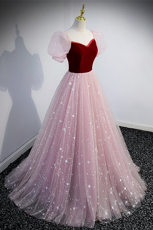 Princess Pink Soft Tulle and Burgundy Velvet Long Formal Gown