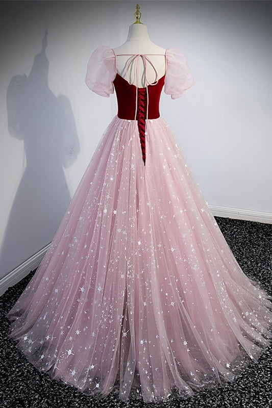 Princess Pink Soft Tulle and Burgundy Velvet Long Formal Gown