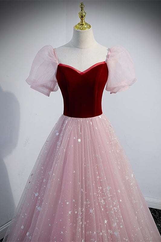 Princess Pink Soft Tulle and Burgundy Velvet Long Formal Gown