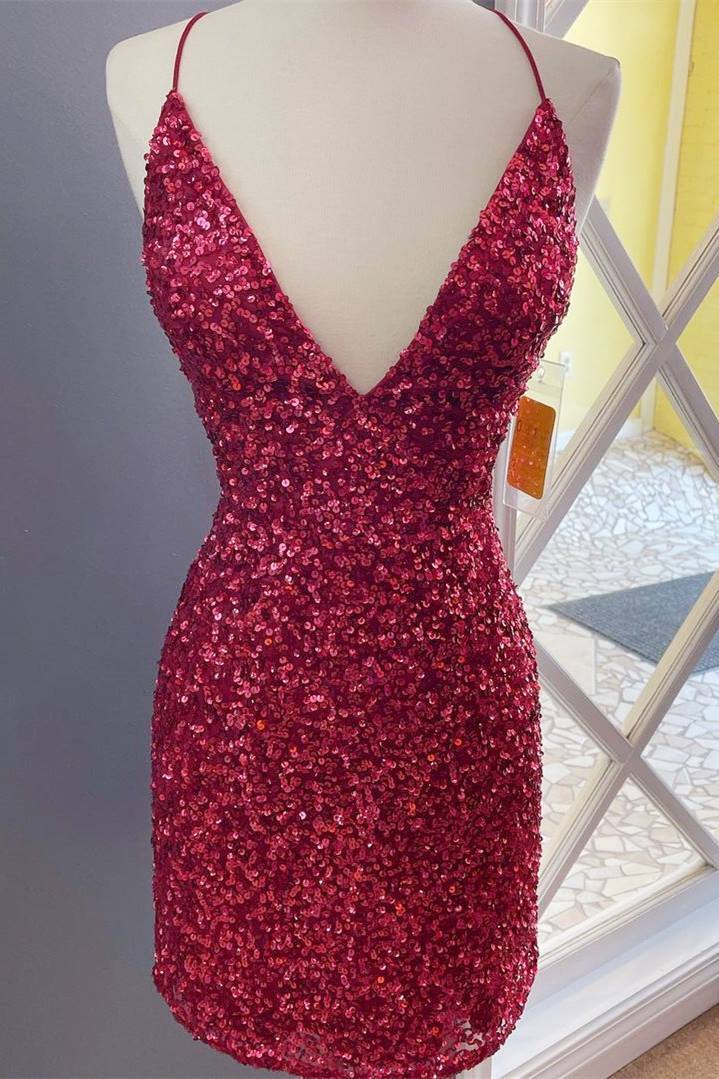 Burgundy Sequins Tight Mini Party Dress