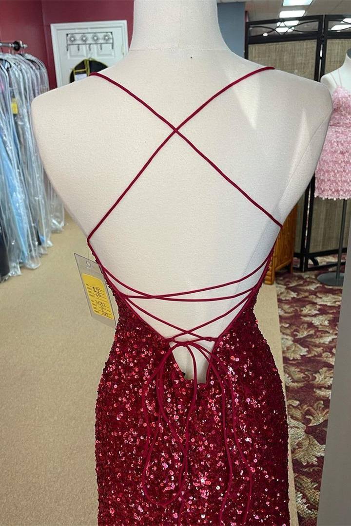 Burgundy Sequins Tight Mini Party Dress