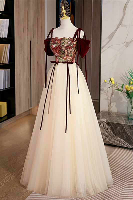 Elegant Off the Shoulder Burgundy Floral Long Formal Dress 