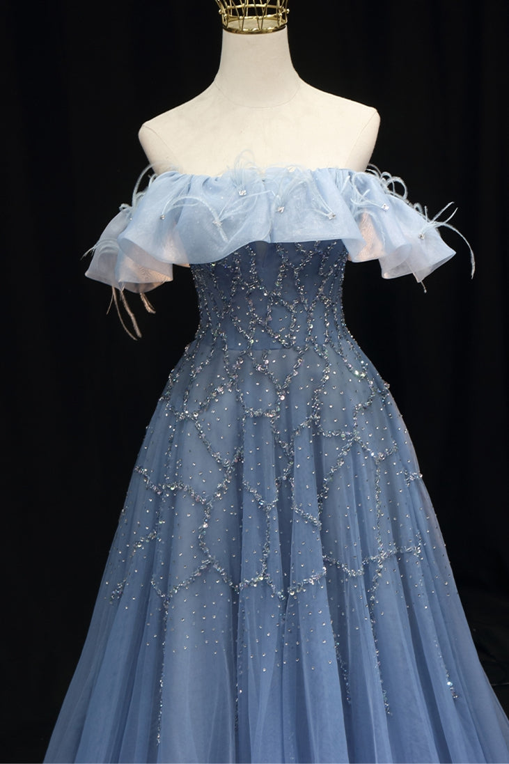 Off the Shoulder Blue Beaded A-line Long Formal Dress