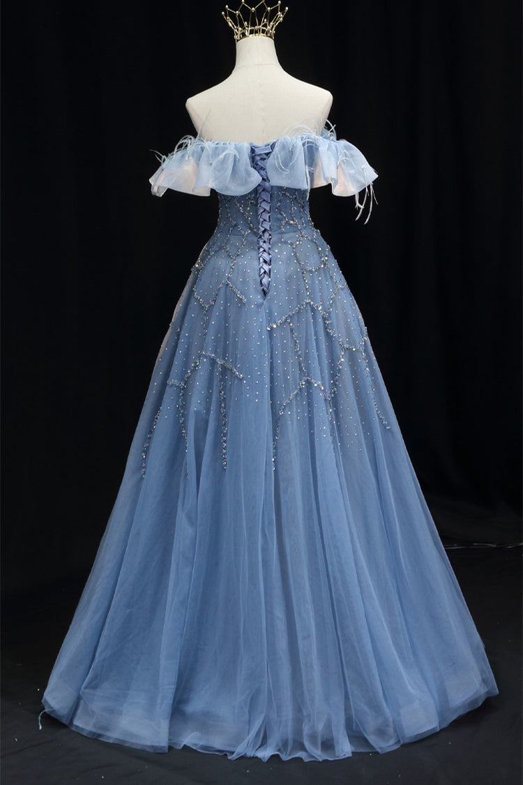 Off the Shoulder Blue Beaded A-line Long Formal Dress