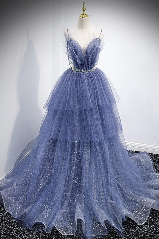 Princess Blue Spaghetti Straps Tiered Long Formal Gown 