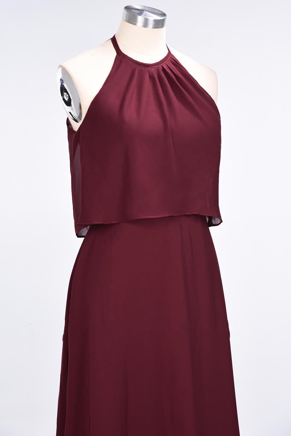 Flounced Halter Wine Red Chiffon A-line Long Bridesmaid Dress