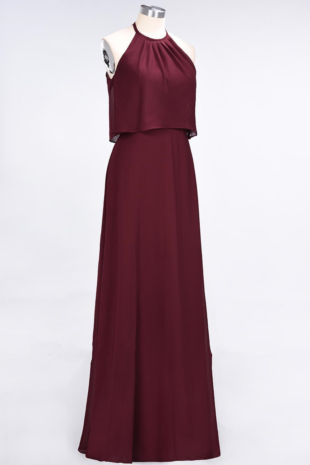 Flounced Halter Wine Red Chiffon A-line Long Bridesmaid Dress