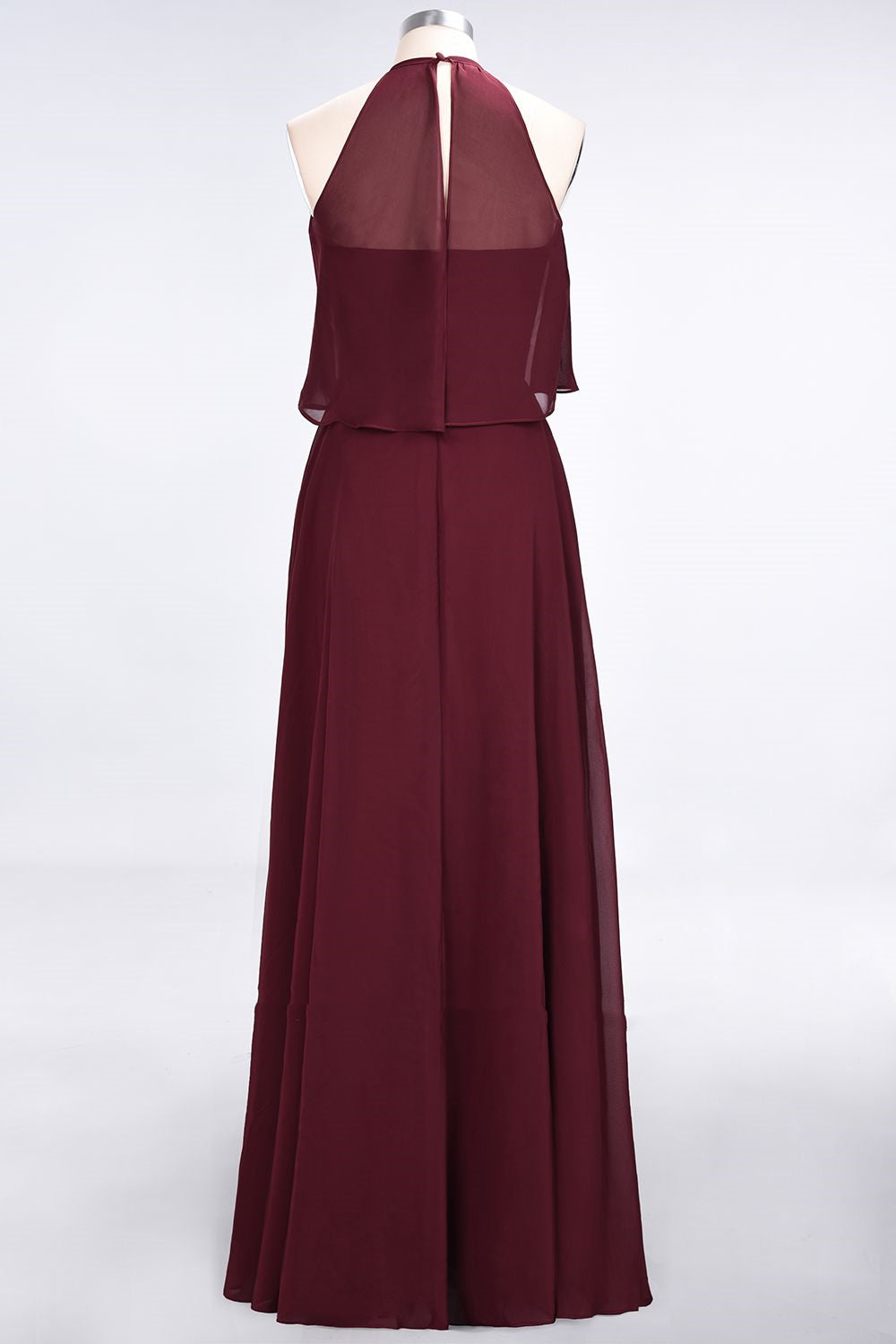 Flounced Halter Wine Red Chiffon A-line Long Bridesmaid Dress