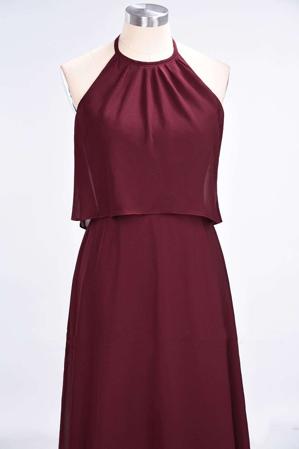 Flounced Halter Wine Red Chiffon A-line Long Bridesmaid Dress