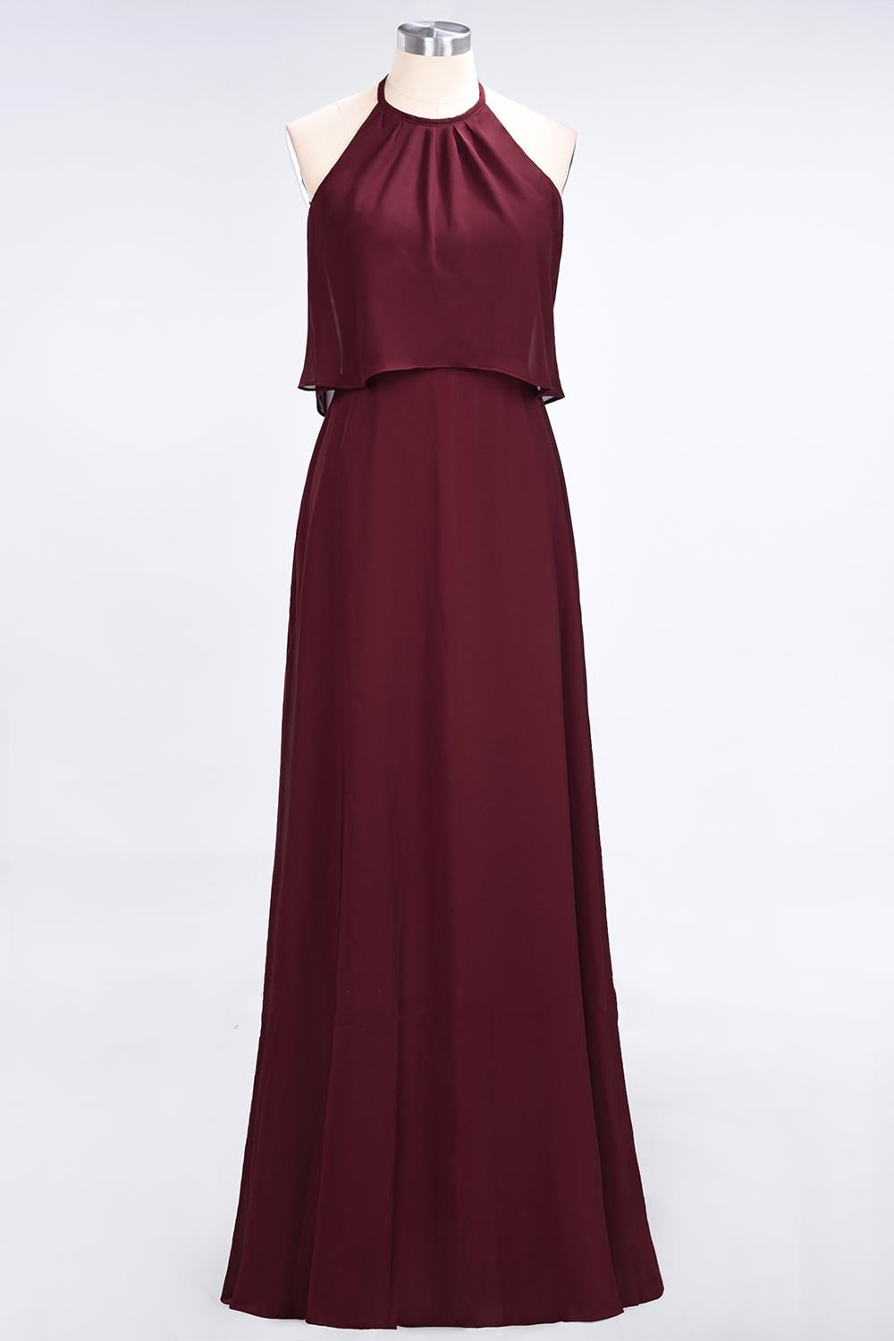 Flounced Halter Wine Red Chiffon A-line Long Bridesmaid Dress