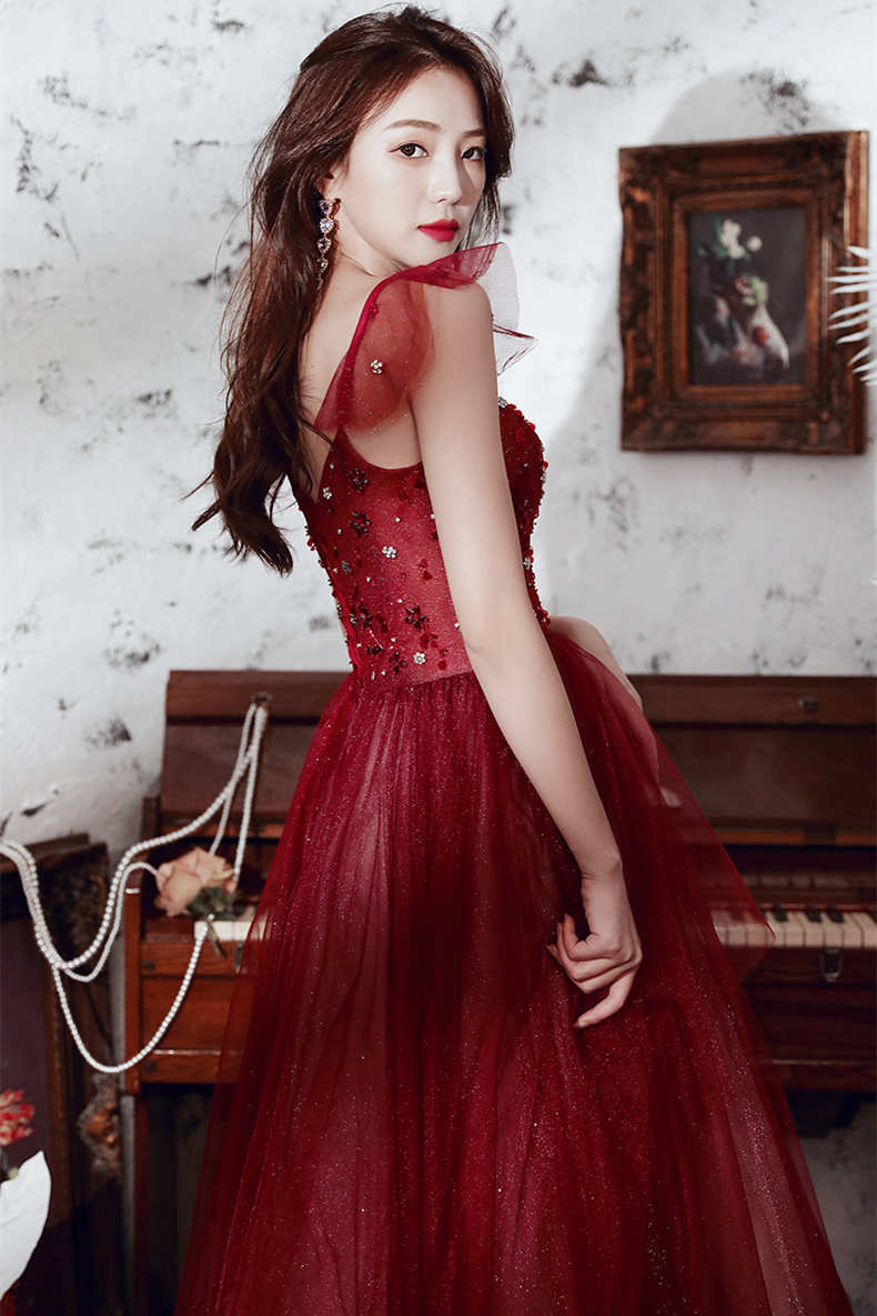 A-line Wine Red Tulle Long Party Dress