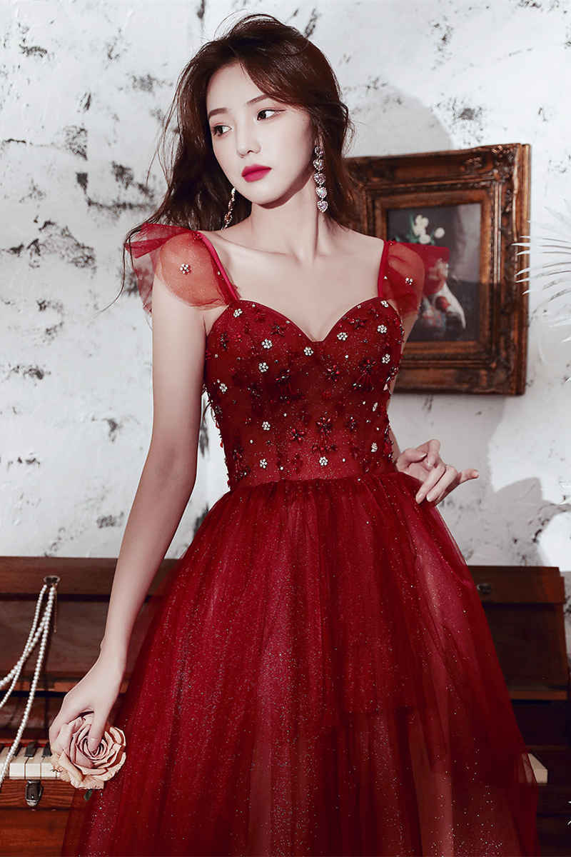 A-line Wine Red Tulle Long Party Dress