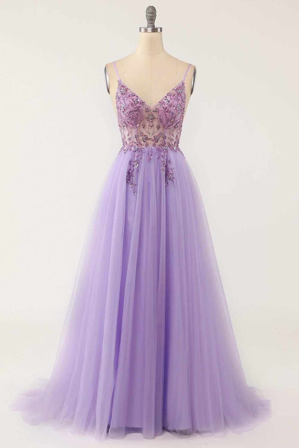 Light Purple A-line Beaded Long Formal Dress