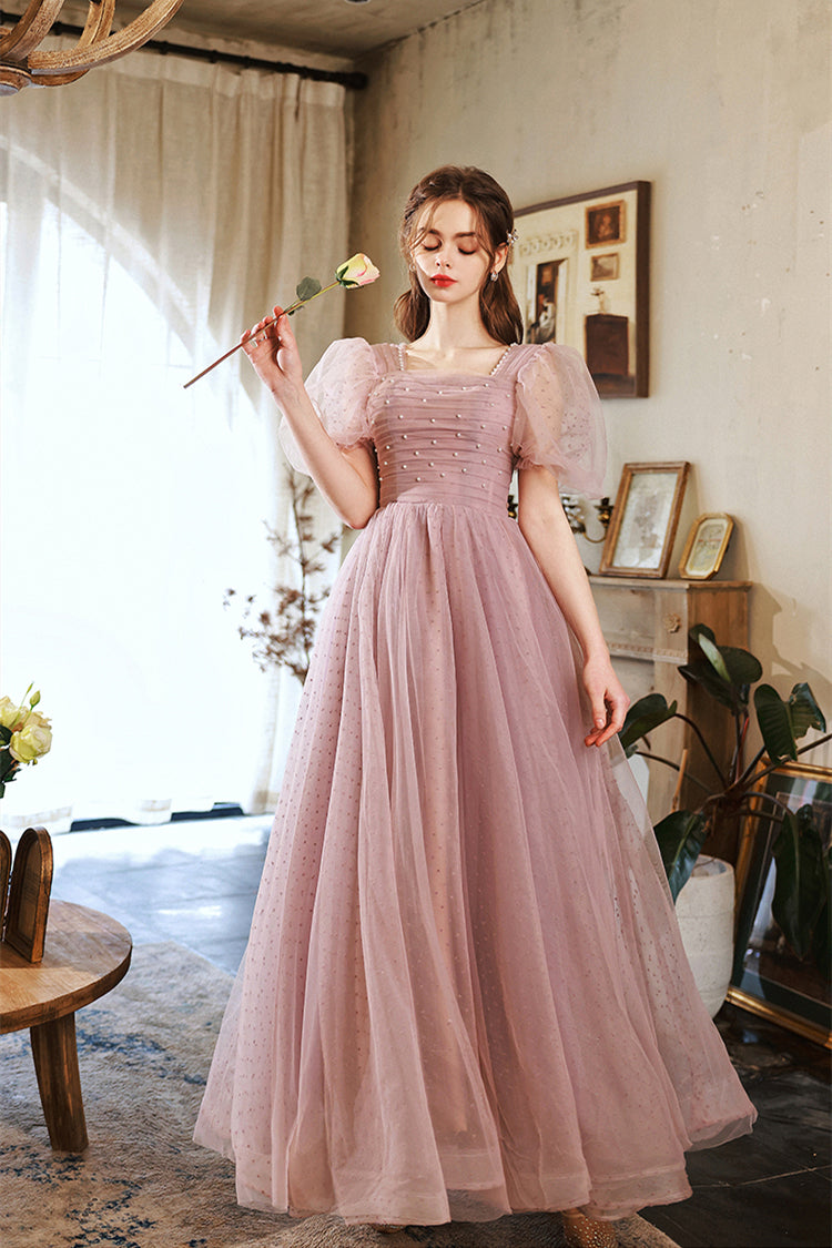Short Puffy Sleeves Pearls Pink A-line Long Formal Dress