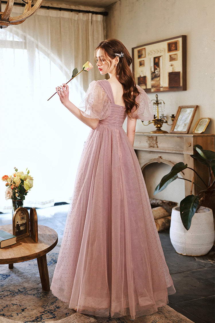 Short Puffy Sleeves Pearls Pink A-line Long Formal Dress