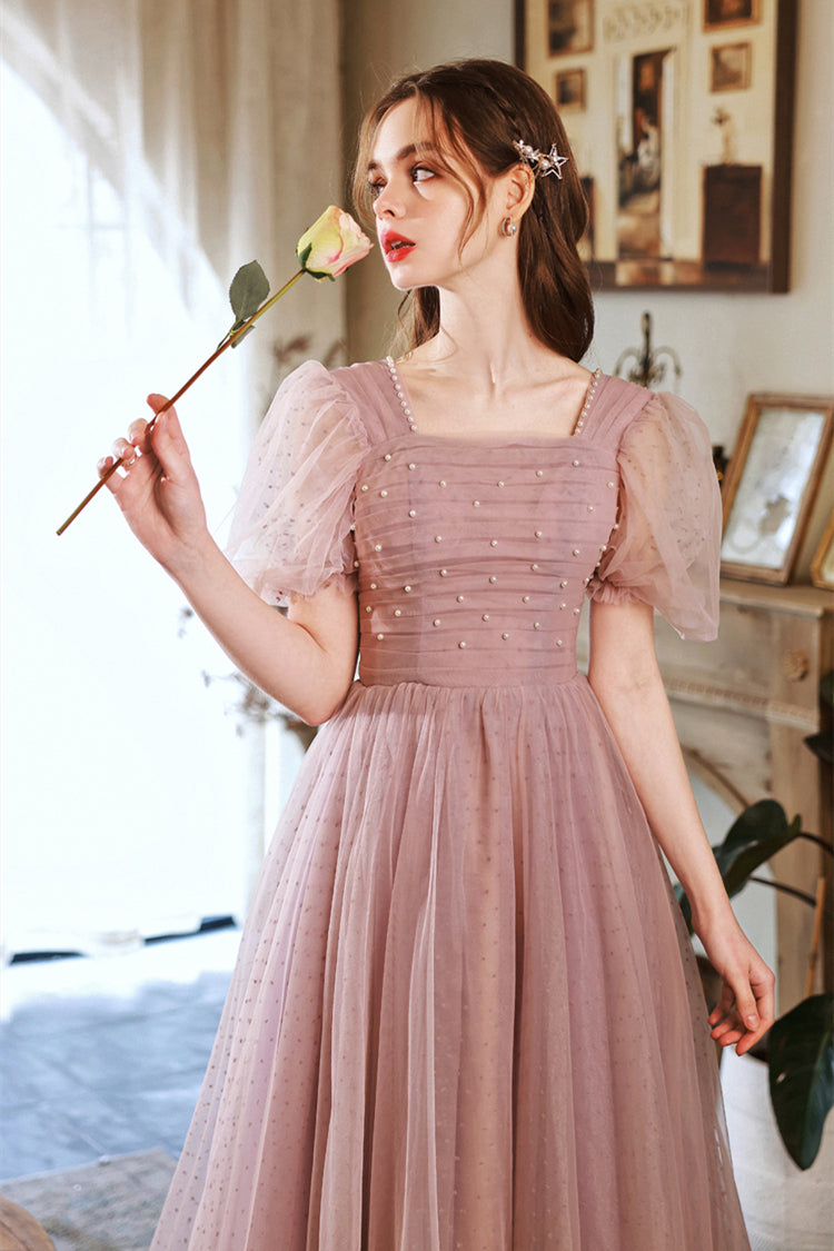Short Puffy Sleeves Pearls Pink A-line Long Formal Dress