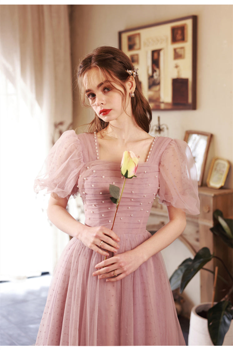 Short Puffy Sleeves Pearls Pink A-line Long Formal Dress