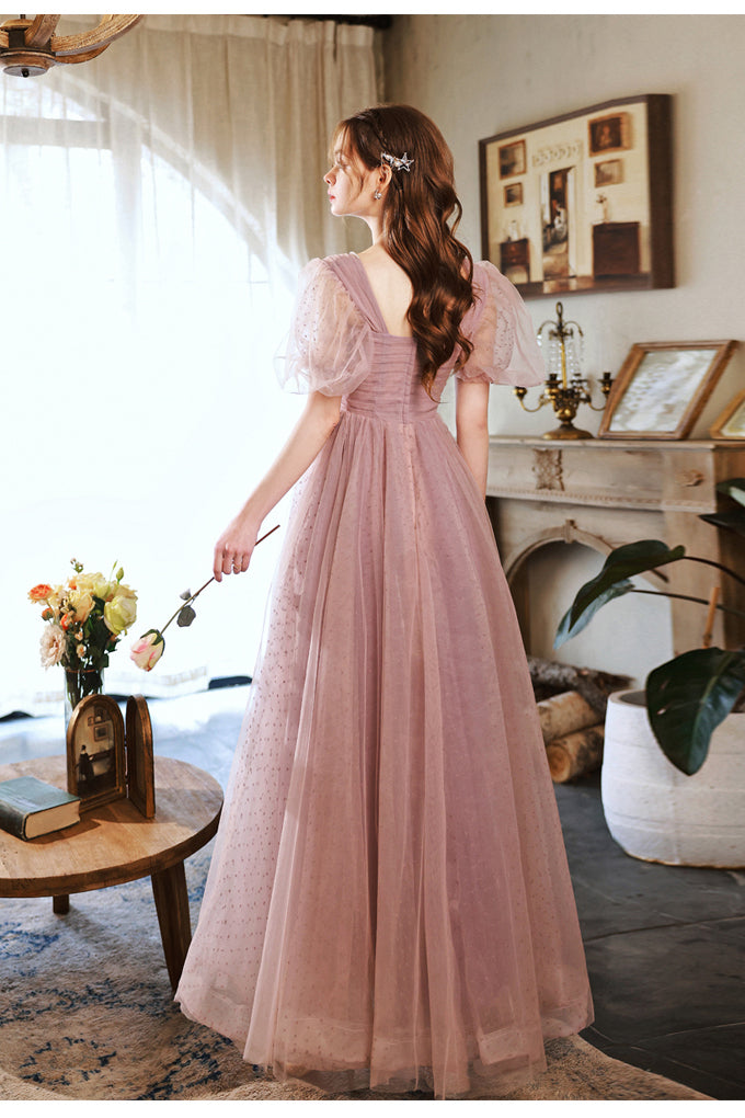 Short Puffy Sleeves Pearls Pink A-line Long Formal Dress