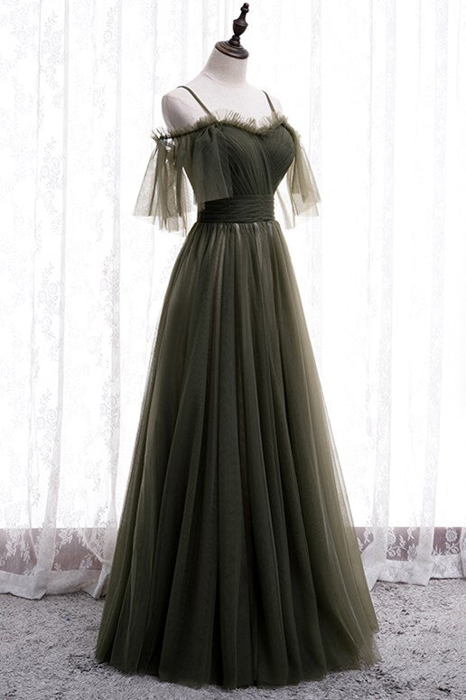 Off the Shoulder Dark Green Pleated Long Formal Dress