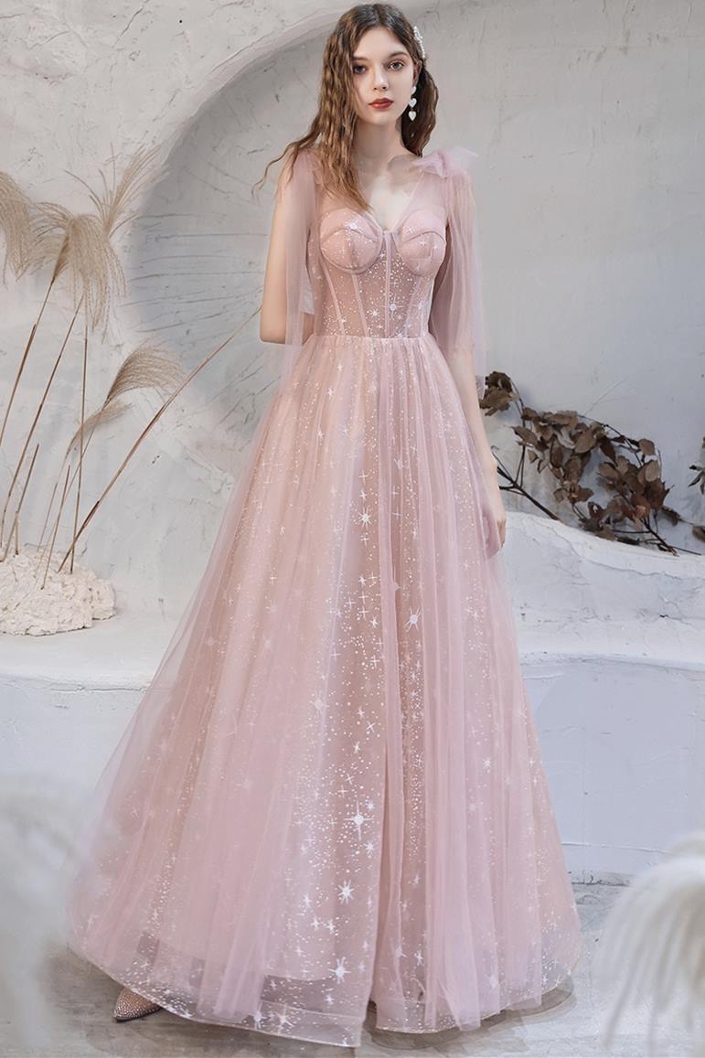 Pink A-line Tulle Long Prom Dress with Lace Up Back