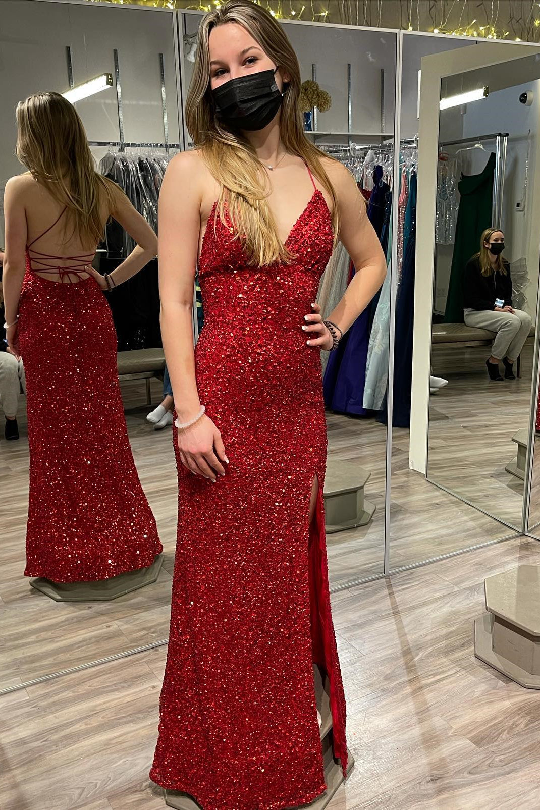 strapless open back dress Straps Red Sequin V Neck Mermaid Long Formal Dress – Dressesforparty