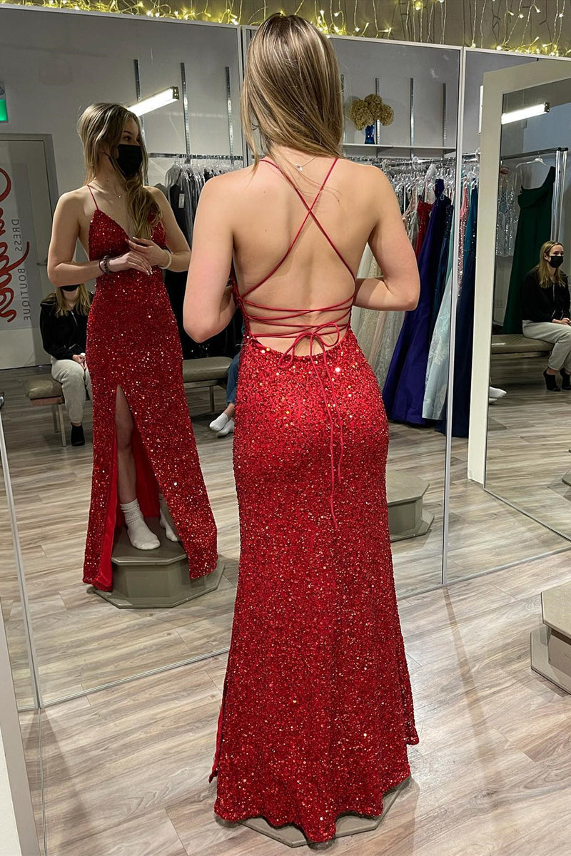 Straps Red Sequin V Neck Mermaid Long Formal Dress 