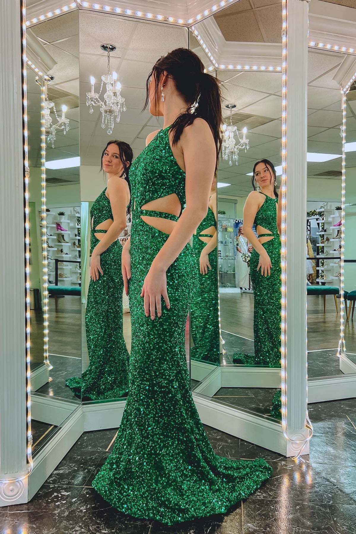 green sequin halter dress Evangeline Green Sequin Halter Maxi Dress