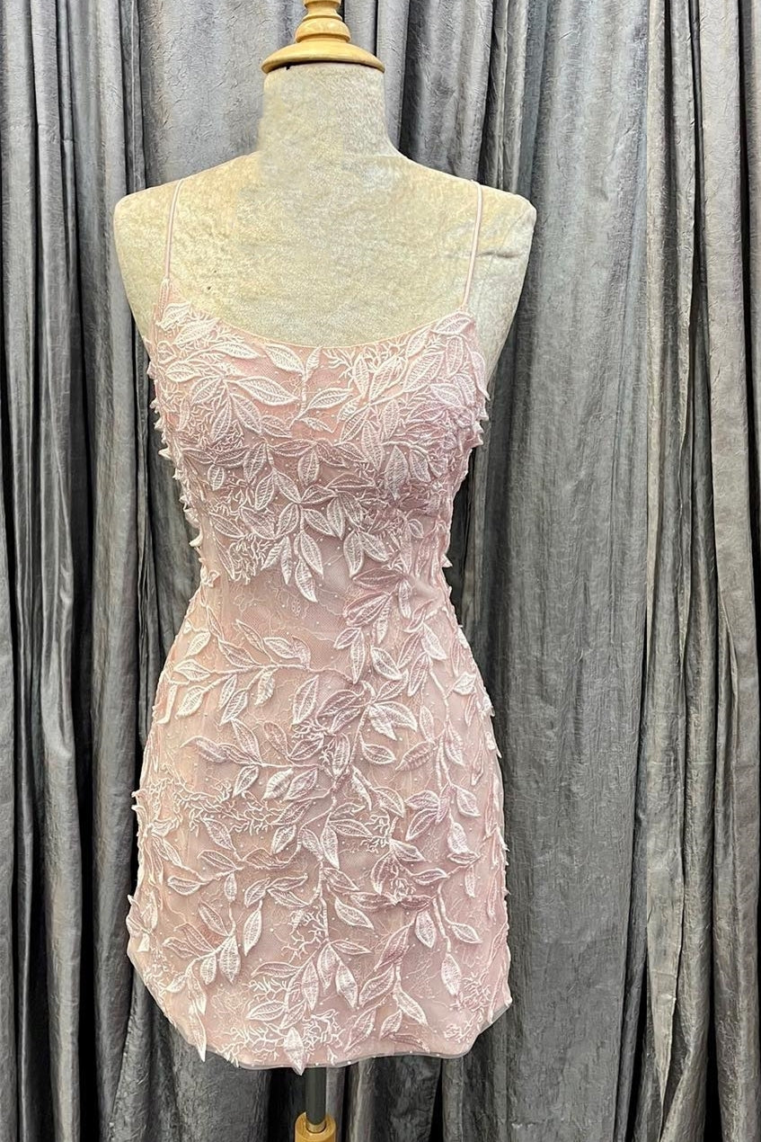 Princess Pink Lace Appliques Bodycon Short Party Dress