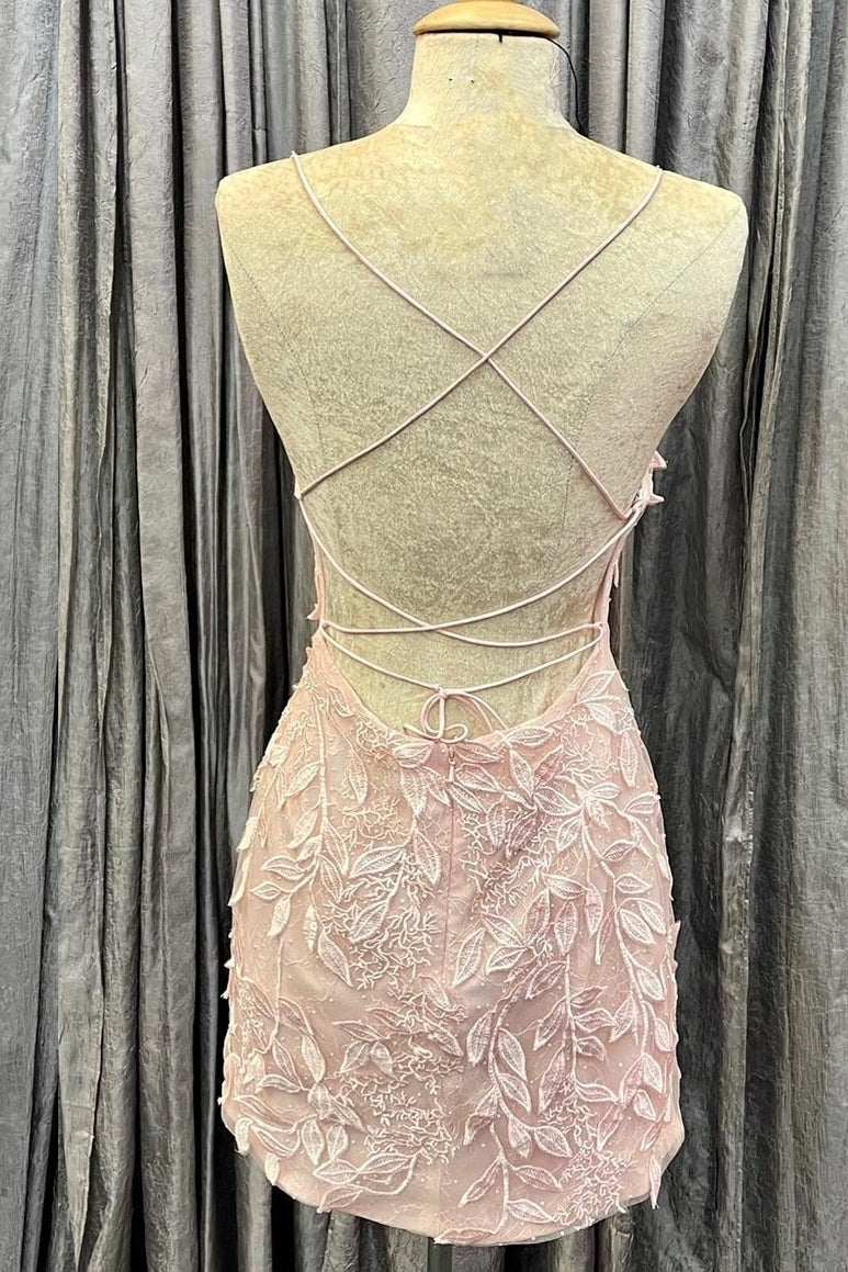 Princess Pink Lace Appliques Bodycon Short Party Dress