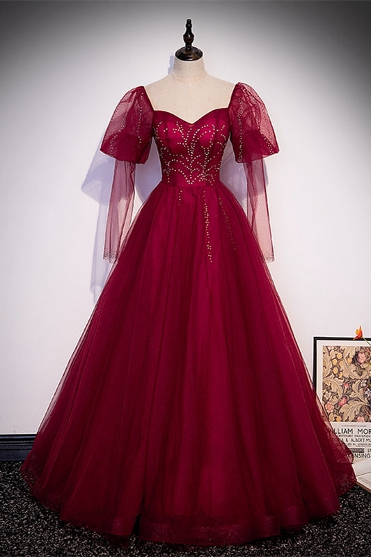 Princess Wine Red A-line Puffy Long Sleeves Formal Dress – Dressesforparty