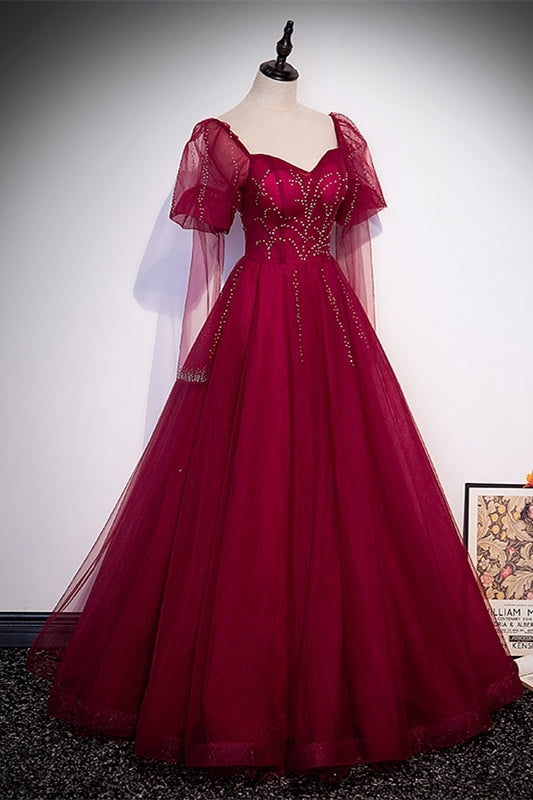 Princess Wine Red A-line Puffy Long Sleeves Formal Dress