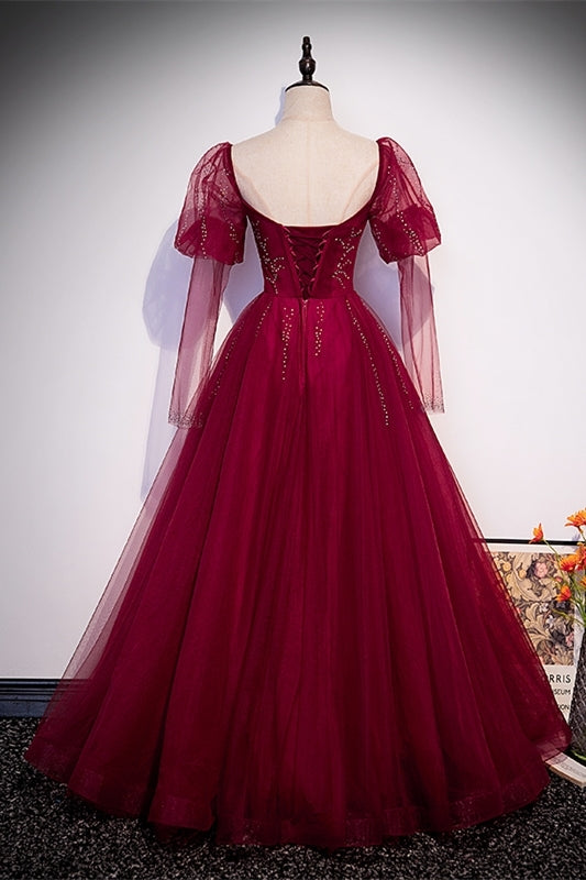 Princess Wine Red A-line Puffy Long Sleeves Formal Dress