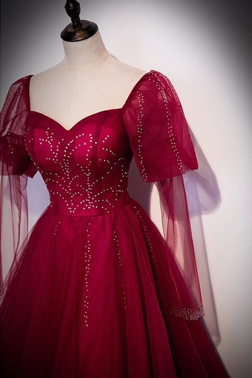 Princess Wine Red A-line Puffy Long Sleeves Formal Dress